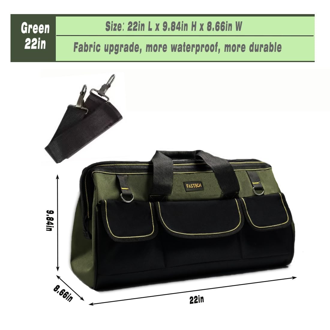 FASTECH 22-inch Wide Mouth Tool Bag with Water Proof Molded Green, Green