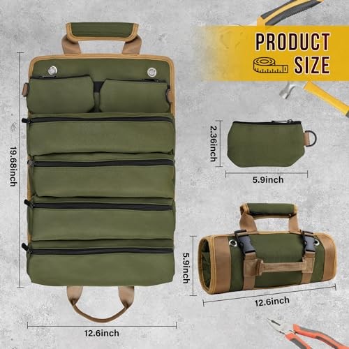 Heavy Duty Roll Up Tool Bag Organizer, Green Nylon, 14.5″ L x 10.2″ W