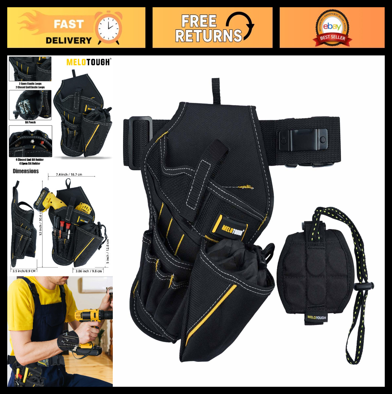 3-in-1 Drill Holster Combo with Magnetic Wristband & Tool Belt Holder, Right-Han
