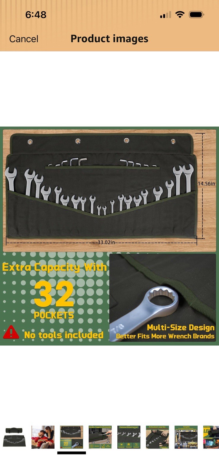 Wrench Roll Up Took Wrench Bag 32 Pocket Heavy Duty Canvas Army Green New