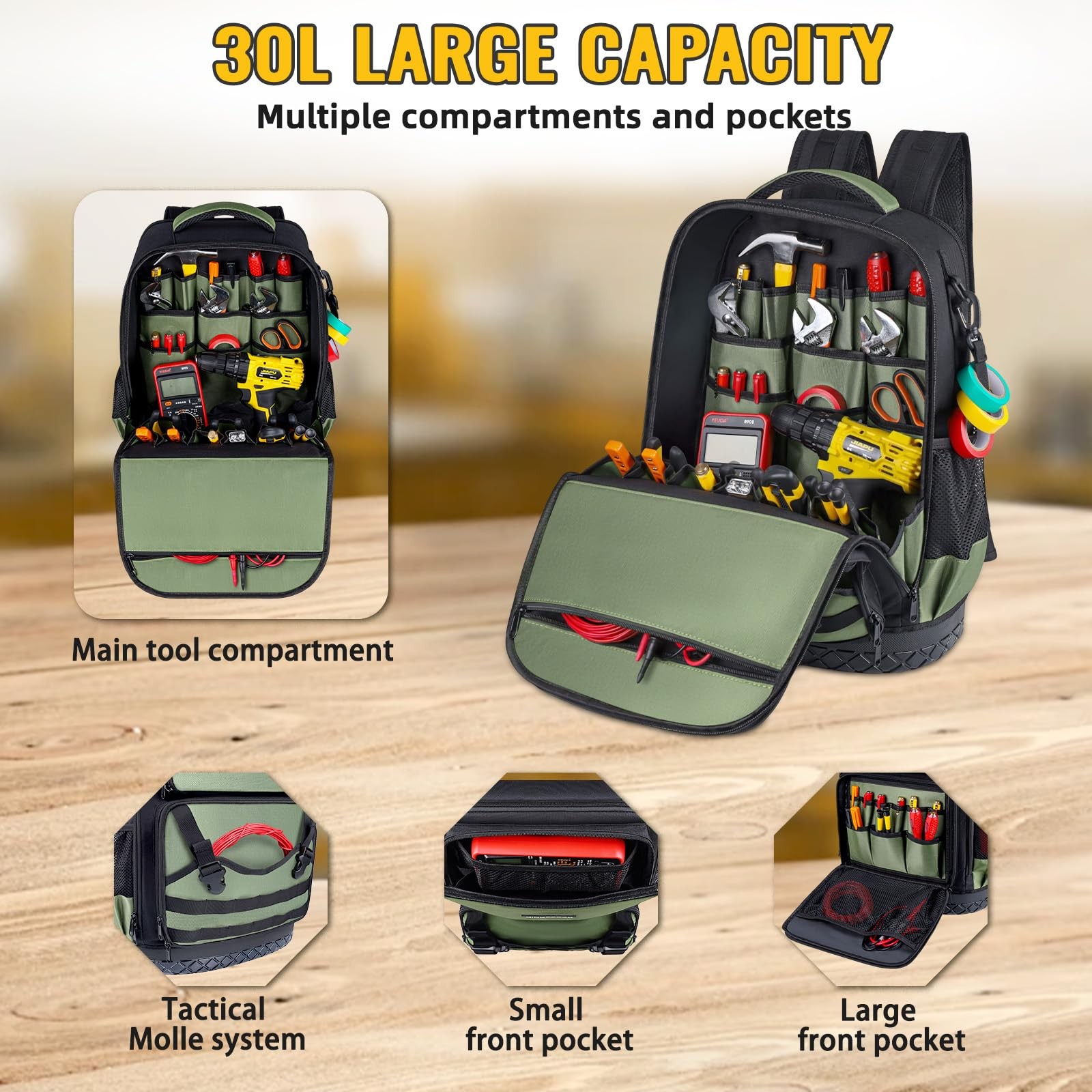 Tool Backpack Heavy Duty, Bag For 14.5″L x 7″W x 19″H, Green