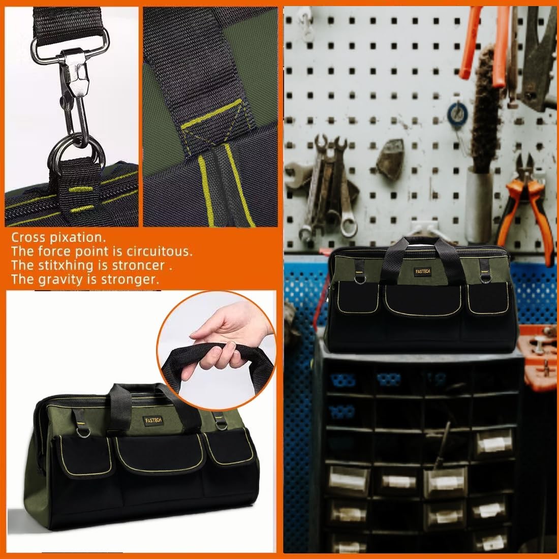 FASTECH 22-inch Wide Mouth Tool Bag with Water Proof Molded Base, Wide Mouth Too