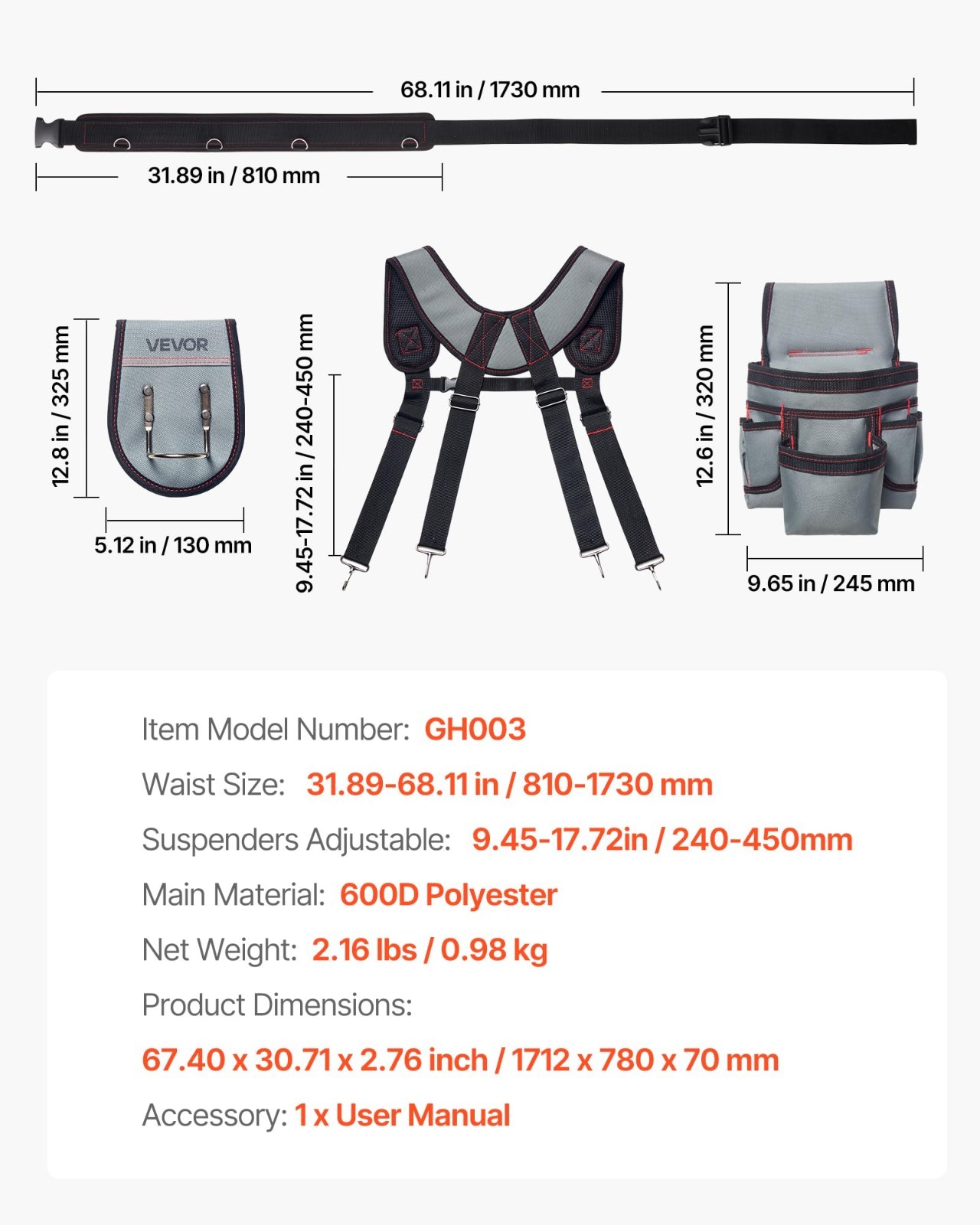 Heavy Duty Tool Belt with 22 Pockets, Adjustable Suspenders for Electricians & C