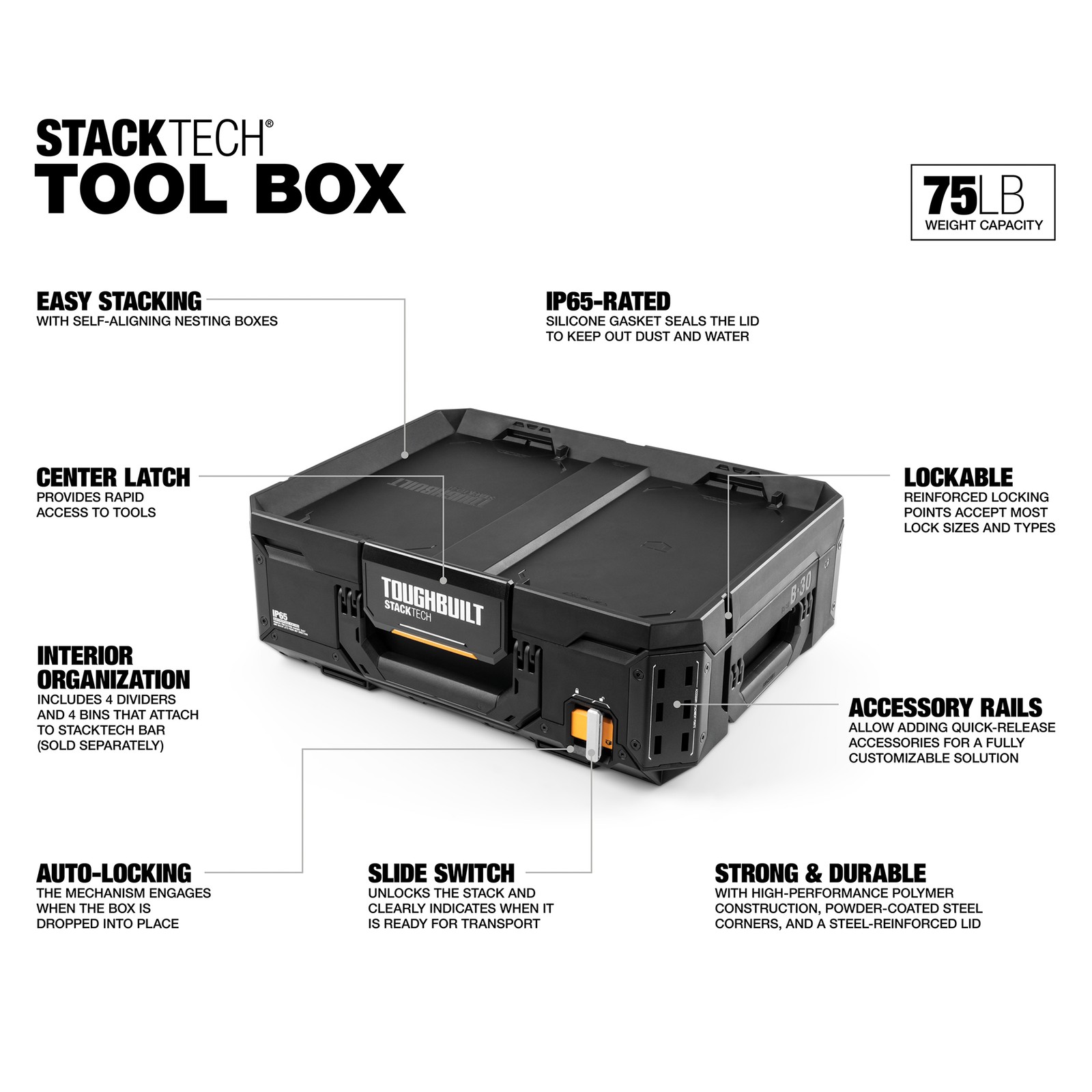 ToughBuilt StackTech Lockable Tool Box, Durable Plastic Storage Organizer, Black