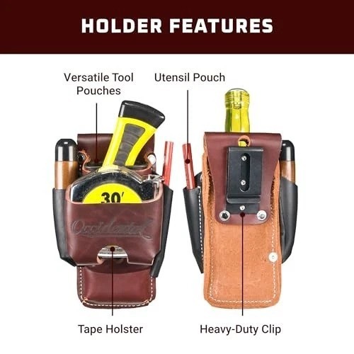 Clip-On 4 in 1 Tool Tape Holder with Tool Shield Leather for Belt Heavy Duty