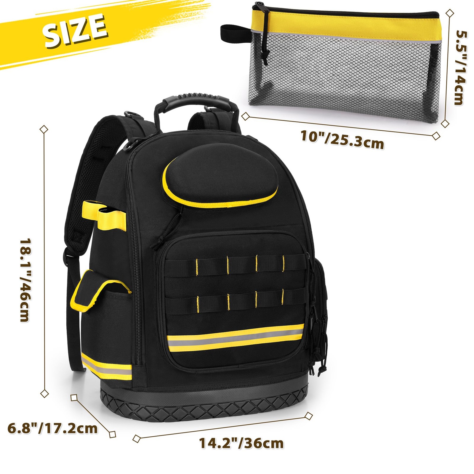 Tool Backpack with Hard Bottom and 3 Pouches, Heavy Duty Tool Organizer Bag f