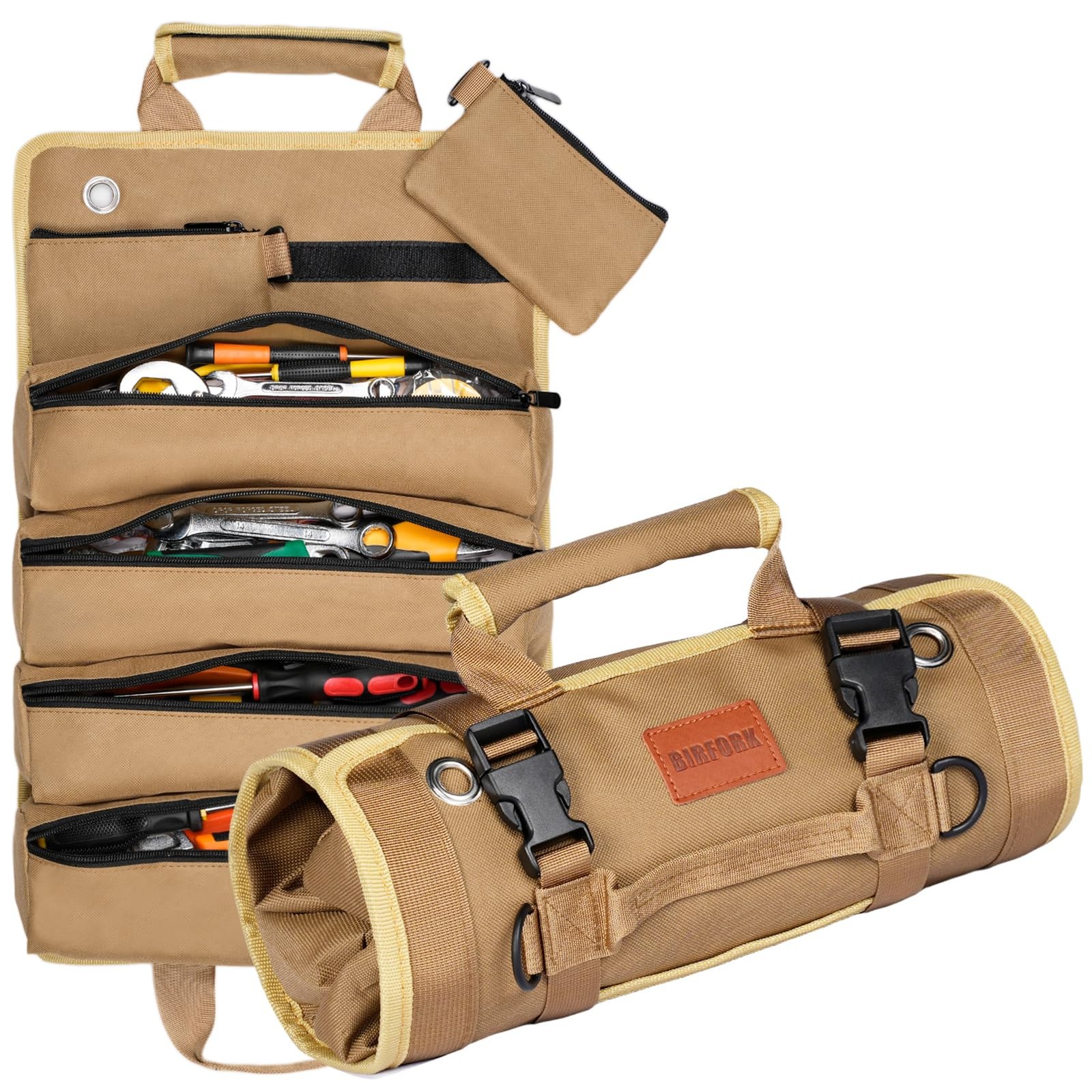 Roll Up Tool Bag Heavy Duty Tool Organizer Bag with 6 Pouches Khaki
