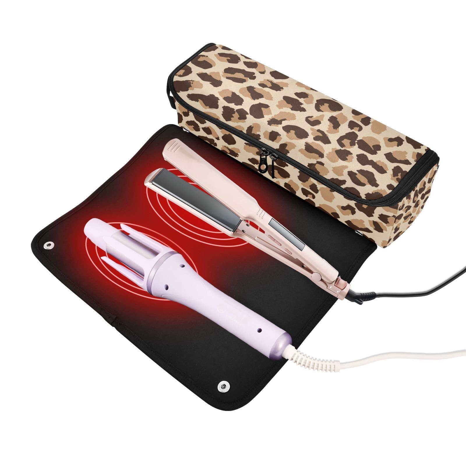 ElliTarr Hair Tools Travel Bag with Heat Resistant Mat Leopard Print Brown