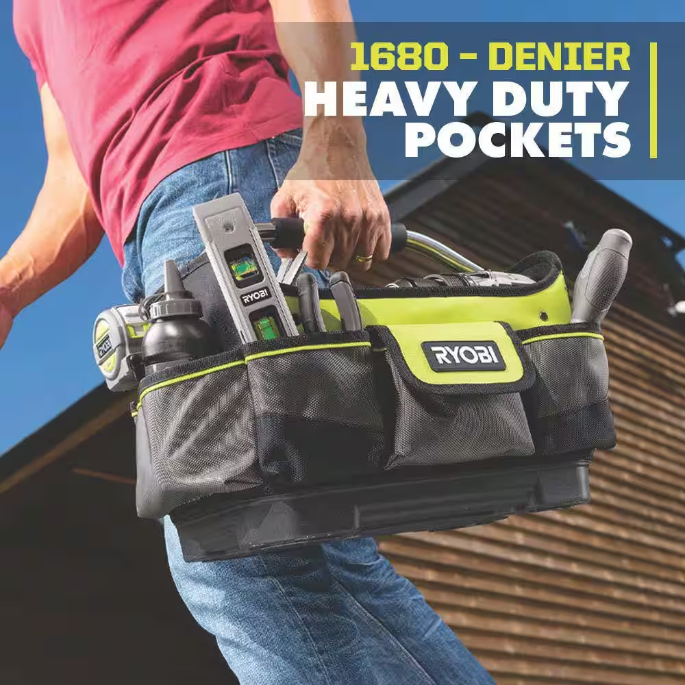 Ryobi 13 In. Tool Tote Bag 17 Pockets Water Resistant, Handle