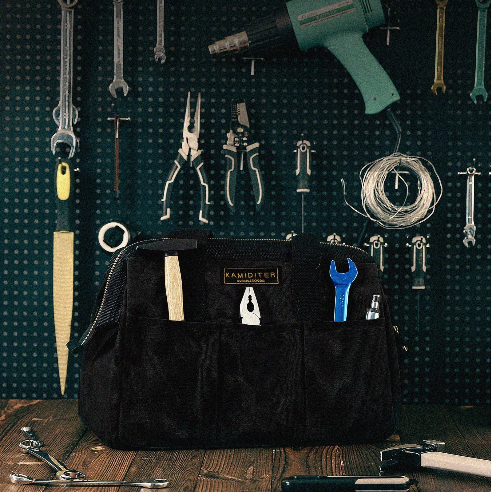 Heavy-Duty 16oz Waxed Canvas Tool Tote Bag – 15″ Wide Mouth 15 Inch, Black