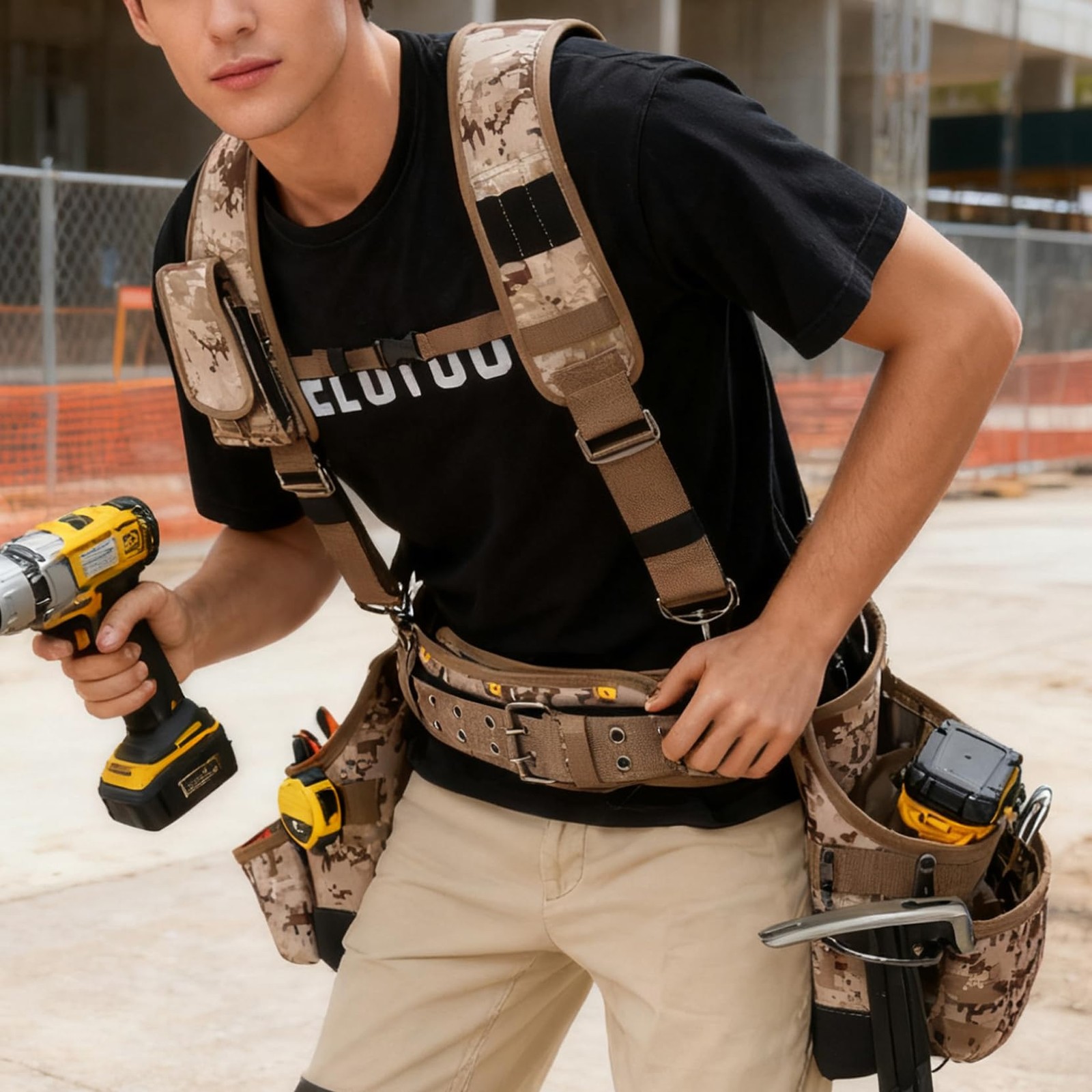 Tool Belt Camo With Suspenders Heavy Duty Carpenter TC02-Khaki Electric Pouch