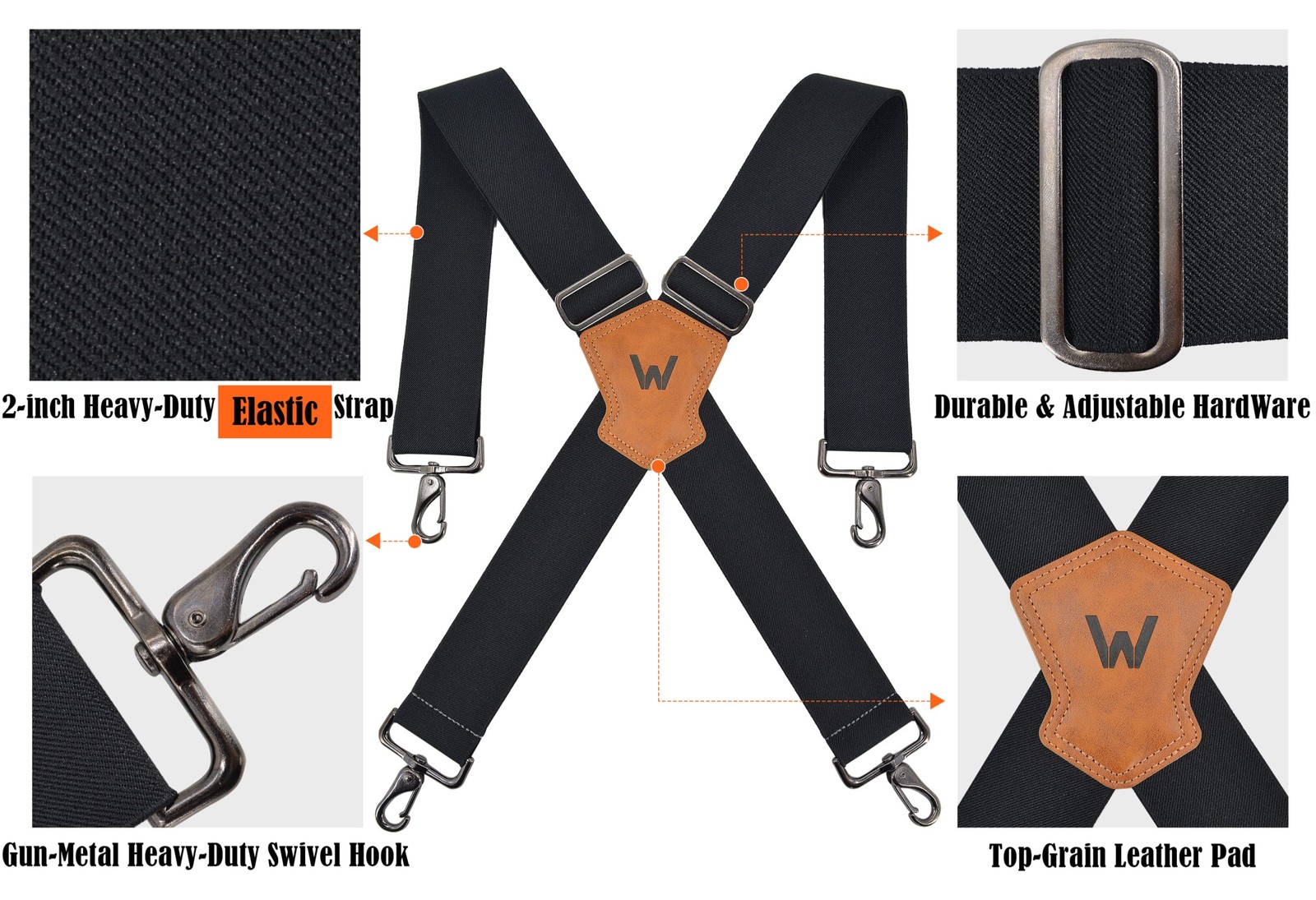 WELKINLAND 2Inch-Wide Full Elastic Suspenders, Heavy Duty Men’s Large, Black