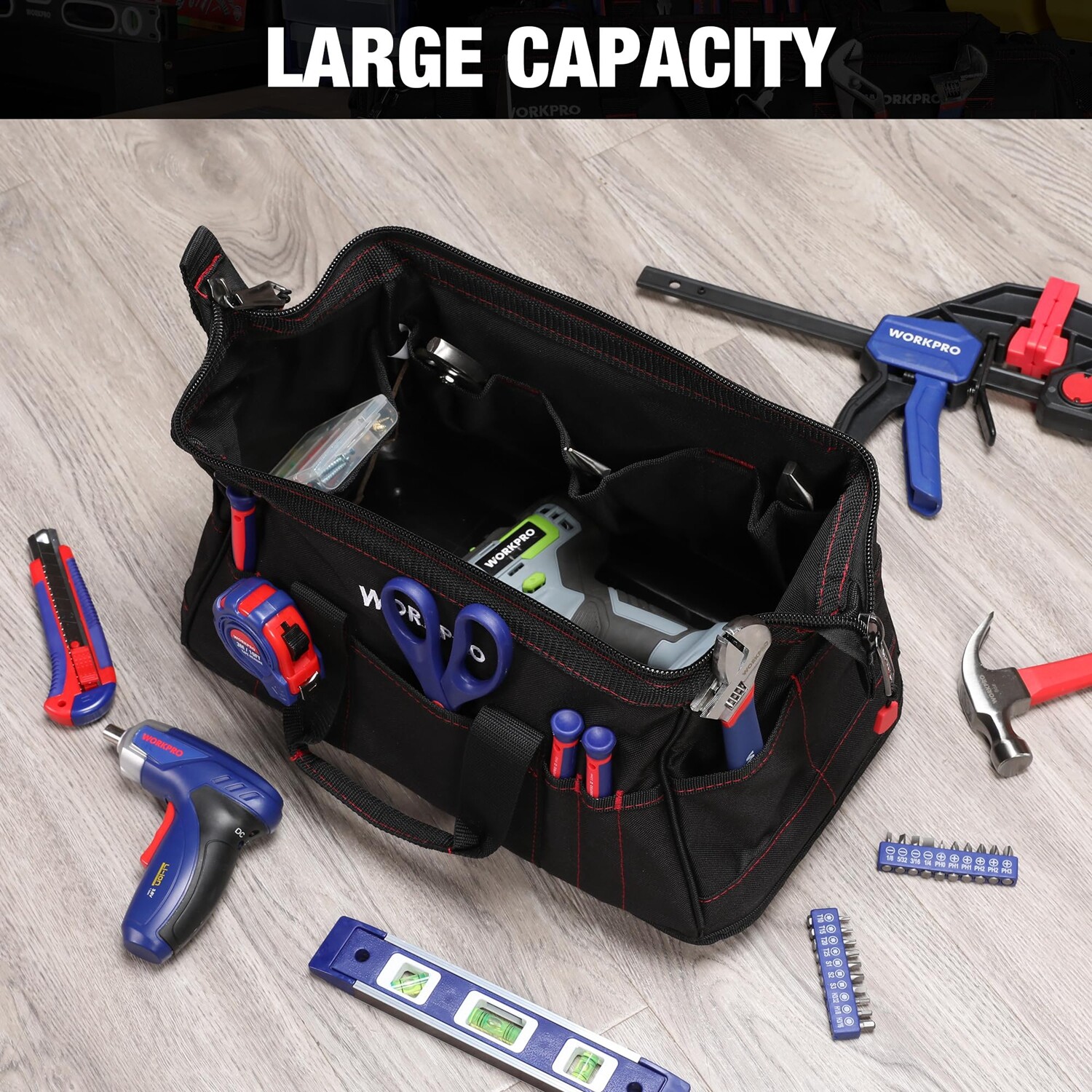 WORKPRO 16-inch Heavy Duty Zipper Tool Bag Wide Mouth Storage Carrying Work Tote