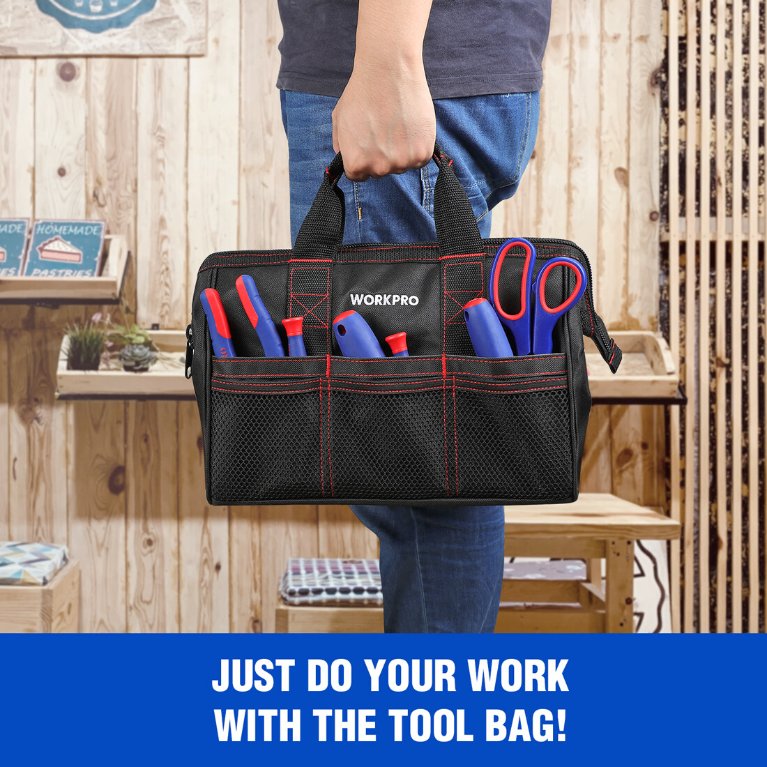 WORKPRO 2 Pieces 13″ 18″ TOOL BAG Wide Mouth Heavy Duty Tote Storage with Zipper