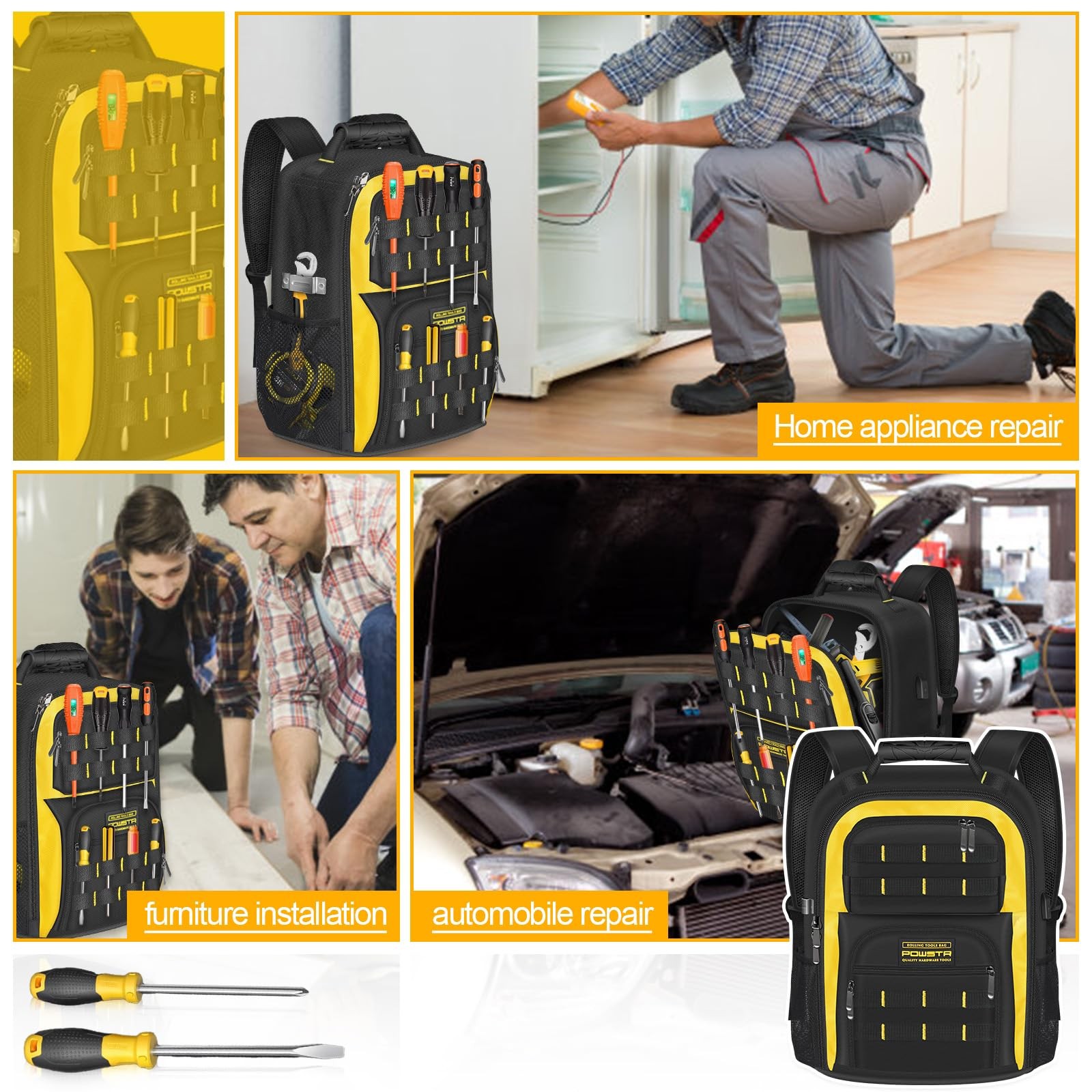 POWSTR 18Inch Electrician Tool 13.78″ x 7.87″ x 17.52″, Black and Yellow