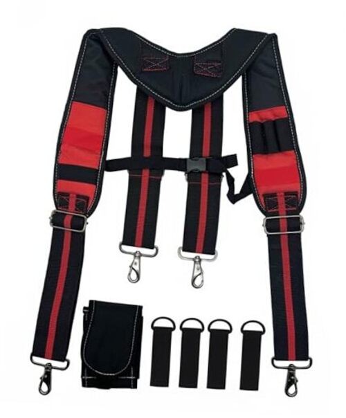 Tool Belt Suspender for Men 4 Point Padded with Attachment Loops, Red Stripe