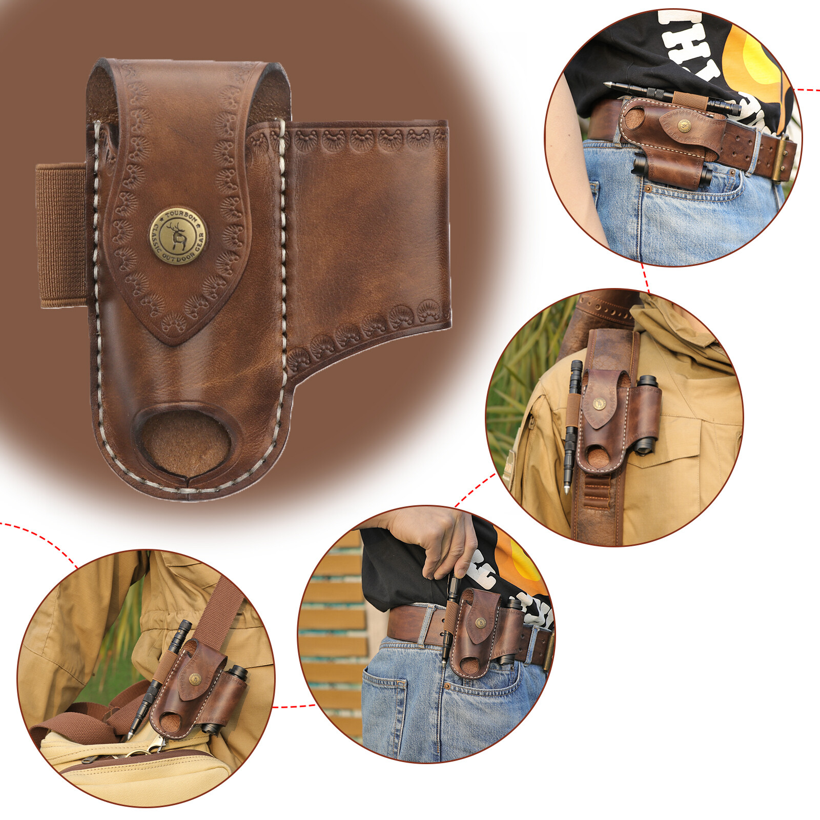 TOURBON Leather Folding Knife Sheath Belt Holster Pouch Multitools EDC Hold Case