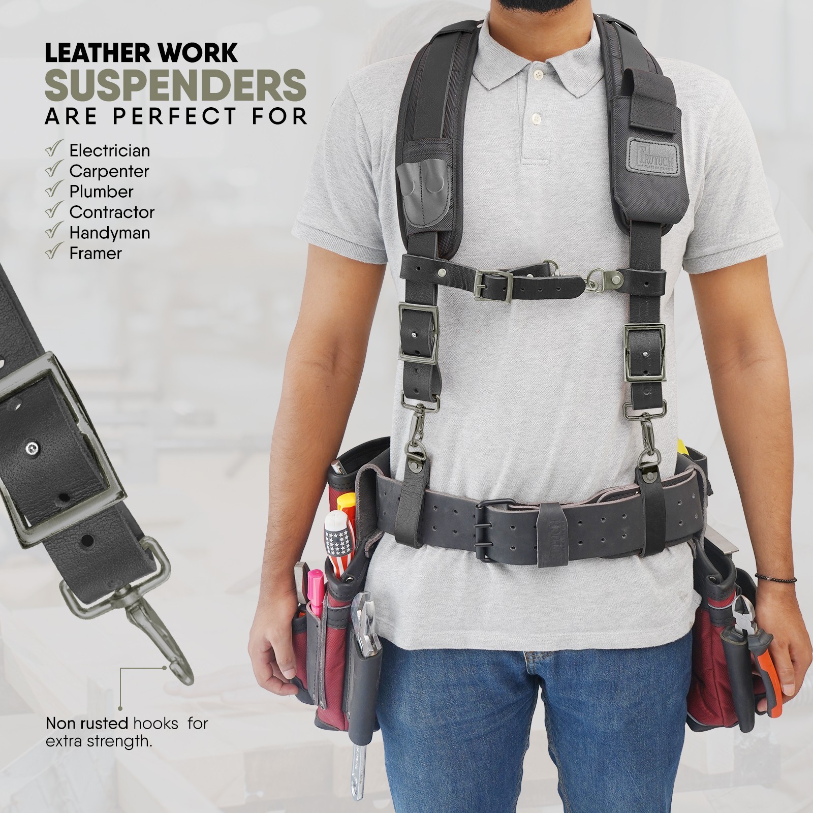 TRUTUCH Nylon and Leather Tool Belt with Leather Work Suspender | Construction