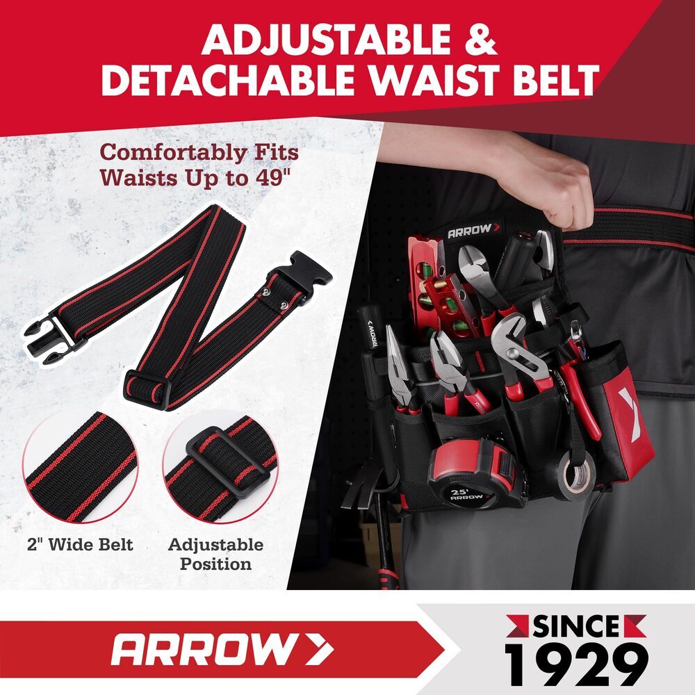 ARROW Heavy-Duty Adjustable Tool Belt Electrician Utility Tool Pouch w/10 Pocket