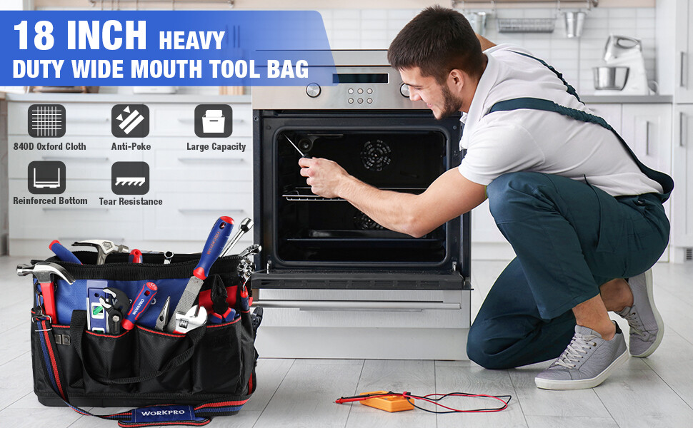 WORKPRO 18″ Tool Bag Zipper Top Tool Organizer Case Wide Mouth Open Black/Blue