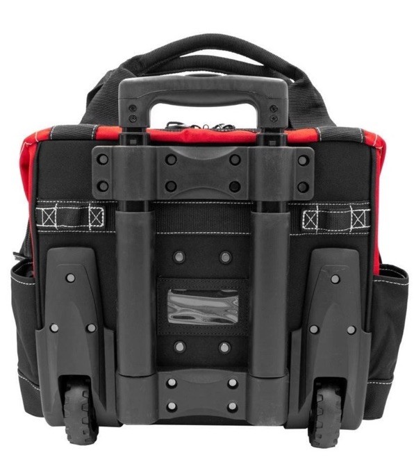 14 in. Zipper Top Rolling Water Resistant Tool Tote Bag in Red with 13 total