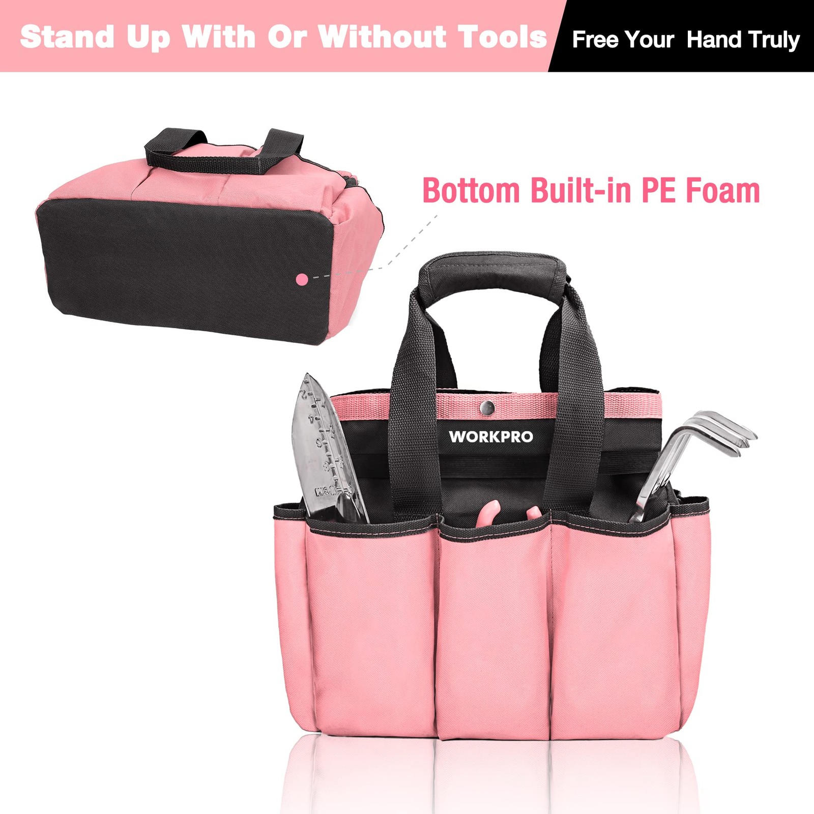 WORKPRO Garden Bag, Tool Tote Storage 16.5 x 9.6 x 13.4 inches, Pink