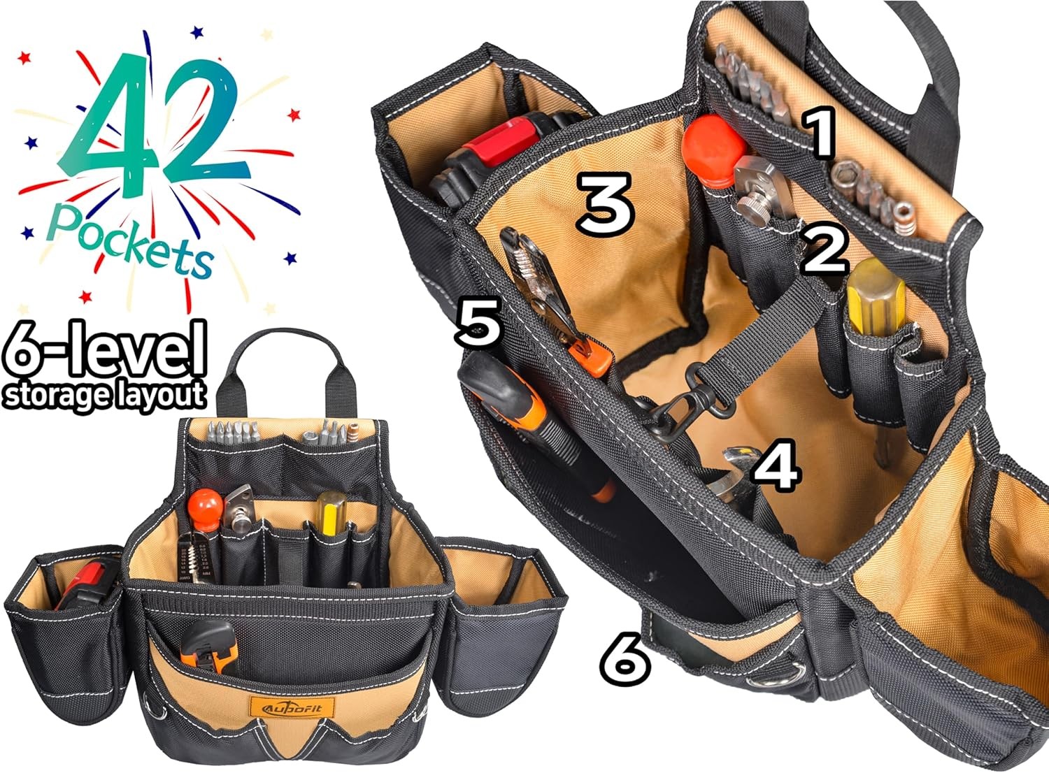 Professional Tool Belt with Suspenders 42 Pockets 1680D Durable Fabric, Heavy Du