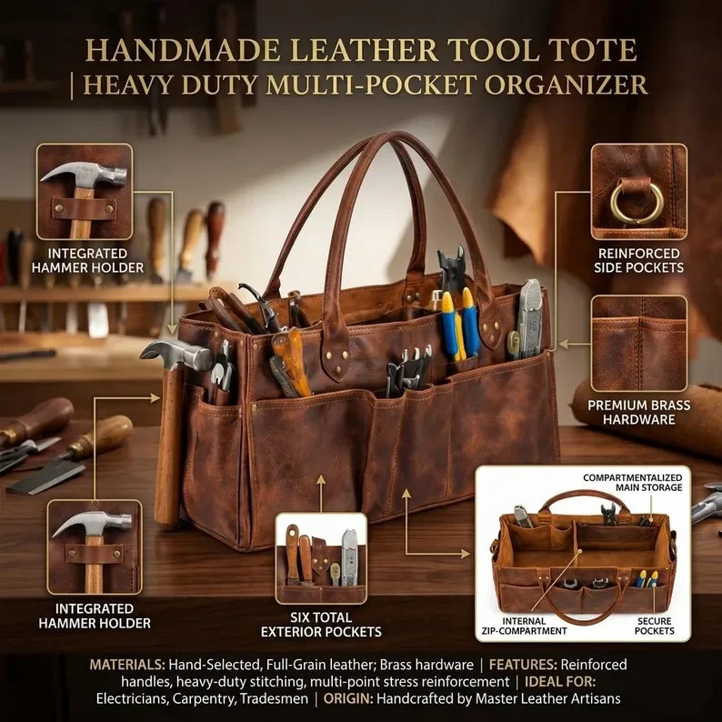 Leather Tool Bag Heavy Duty Tool Tote Electrician Carpenter Organizer Brown