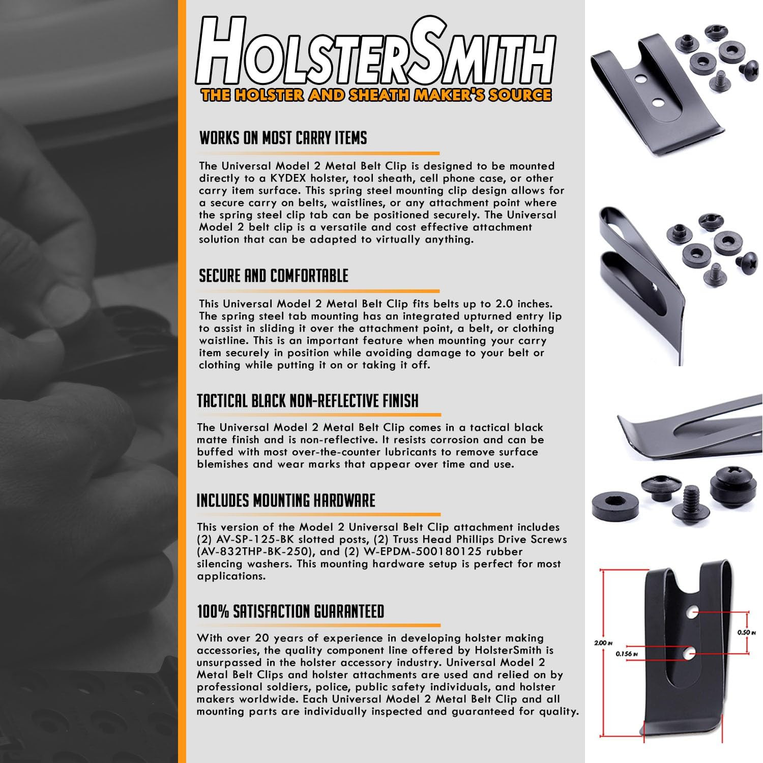 Holstersmith Universal Metal Belt Clip – Fits up to 2.0 Inch Belts – Nickel & Bl