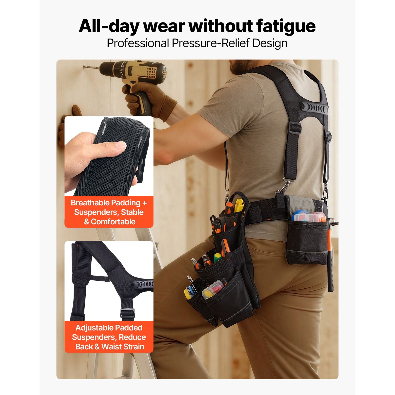 19-Pocket Tool Belt with Suspenders, 31-51in Adjustable Waist