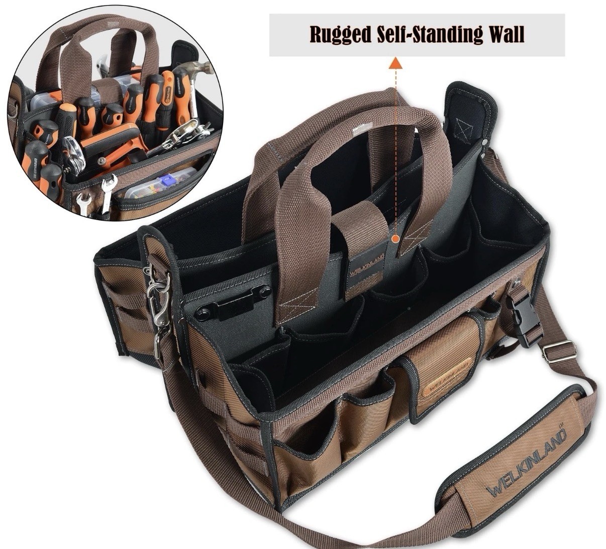 WELKINLAND 20-Pockets Tool Tote Bag, 16″ Electrician Black/Brown