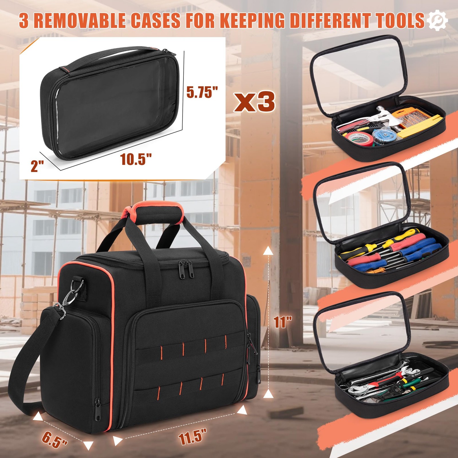 Marscamd Tool Bag with 3 Removable Cases, 2 Layers Black Red Binding