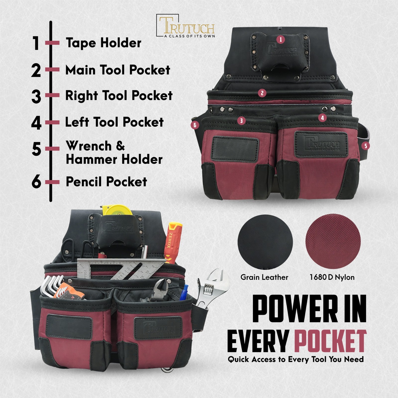 TRUTUCH Nylon and Leather Tool Belt with Leather Work Suspender | Construction