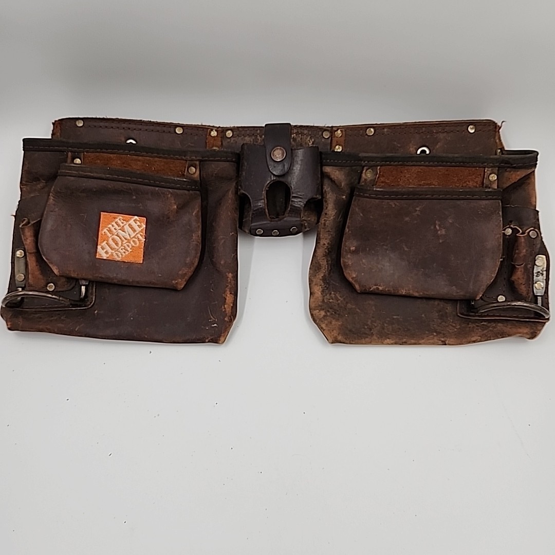 Vintage Leather Tool Belt HEAVY DUTY Home Depot Multi Pocket Carpenters Pouches