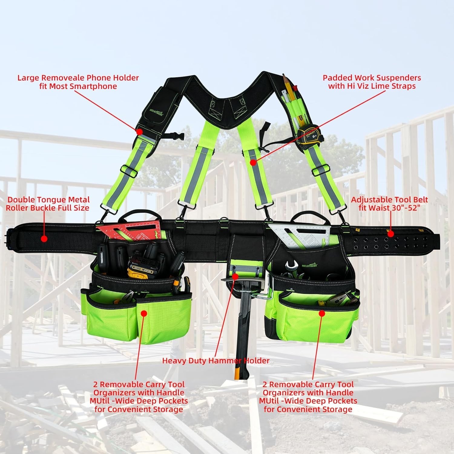 MELOTOUGH Reflective Safety Tool Belt with Suspenders Tool Bag Supenders Framers