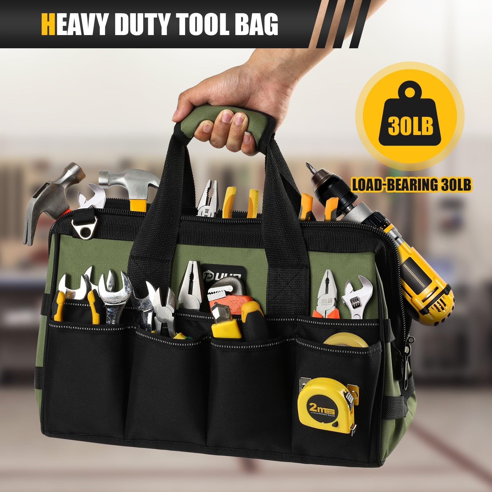 15″ Heavy Duty Tool Bag – 16 Pocket Portable Organizer, Large Zipper Storage, Gi