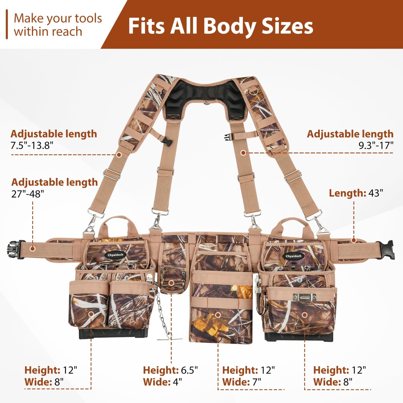 Heavy Duty Camo Tool Belt Set with Suspenders & Pouches, Carpenter Electrician R