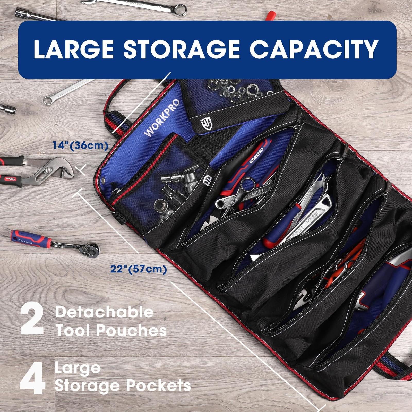 WORKPRO Roll Up Tool Bag with 6 Pockets and 22 inches x 14 inches, Black