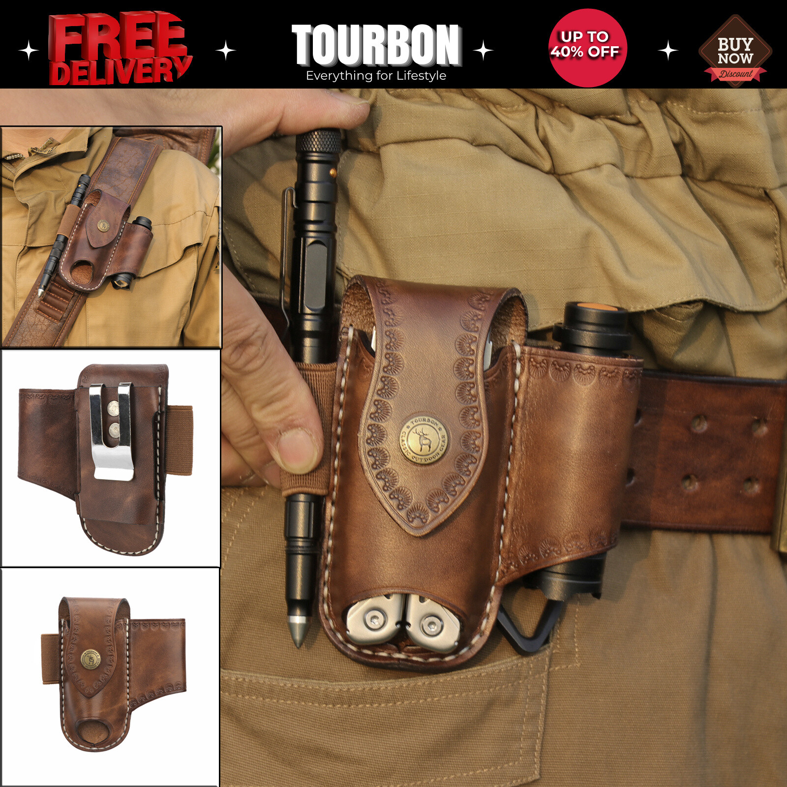 TOURBON Leather Folding Knife Sheath Belt Holster Pouch Multitools EDC Hold Case