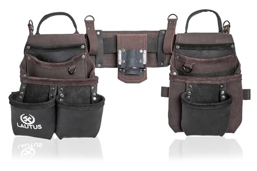 Heavy Duty Top Grain Leather Tool Belt 18 Pockets Hammer Holder Tape Clip