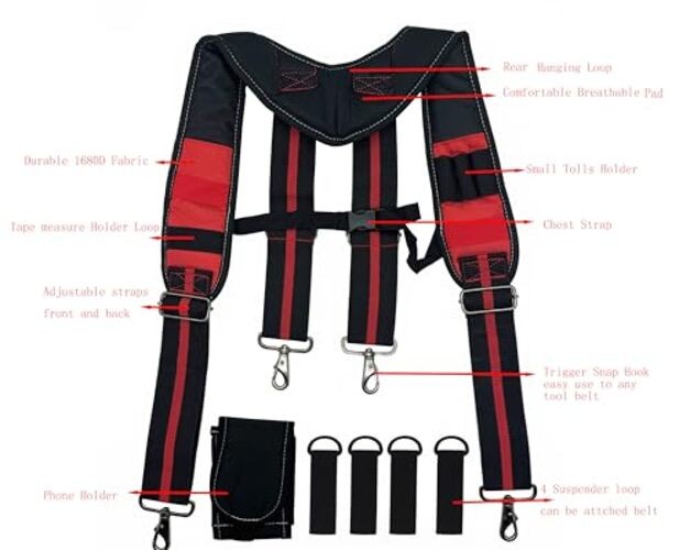 Tool Belt Suspender for Men 4 Point Padded with Attachment Loops, Red Stripe