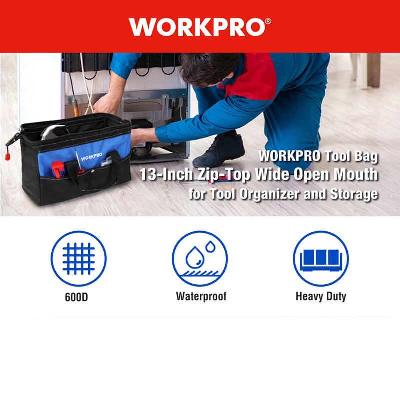 WORKPRO 13-in Tool Bag Wide Mouth Tool Tote Bag Inside Pockets Tool Storage Case