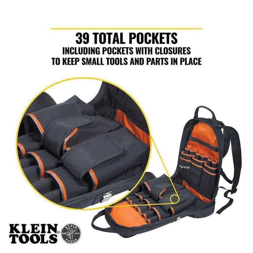 Klein Tools 14 In. Tradesman Pro Tool Bag Backpack 39 Pocket Black Multi Colored