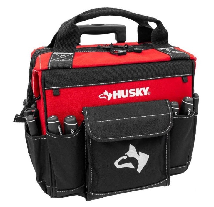 14 in. Zipper Top Rolling Water Resistant Tool Tote Bag in Red with 13 total