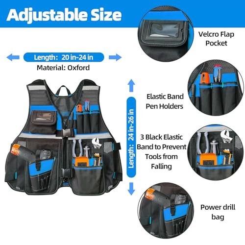 Electrician Tool Vest for Men, Hi Vis Tool Vest with 17 Compartments, Blue