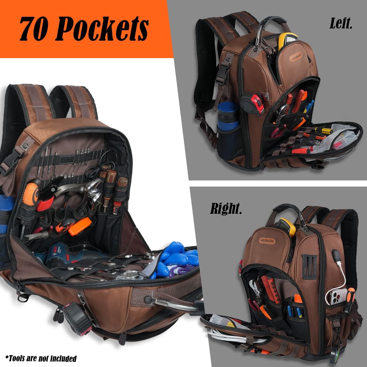 WELKINLAND-70Pockets HVAC Backpack, Heavy-Duty Electrician Tool Brown & Black
