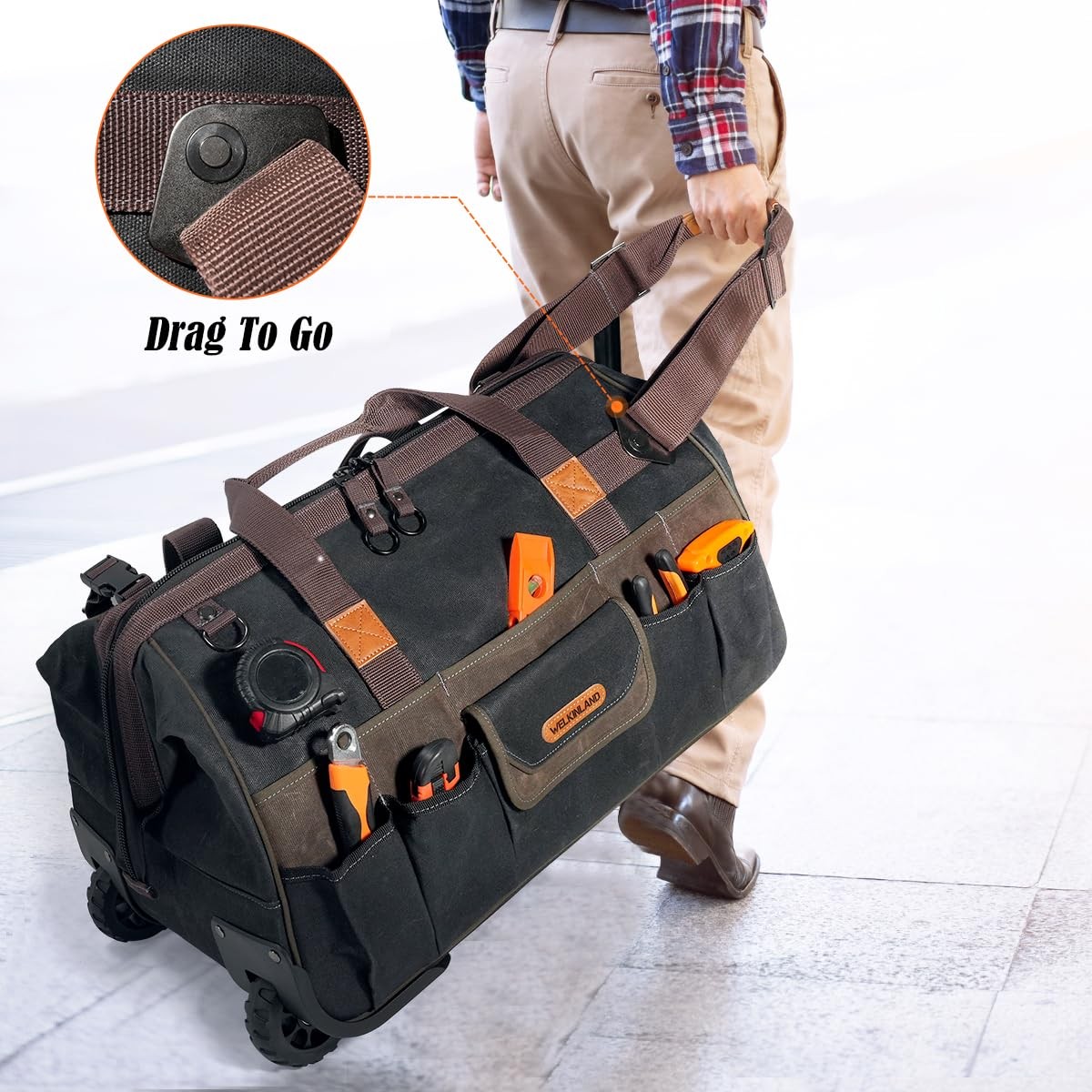 WELKINLAND 48Pockets Tool Bags With Wheels, 22Inch Large, Brown & Black