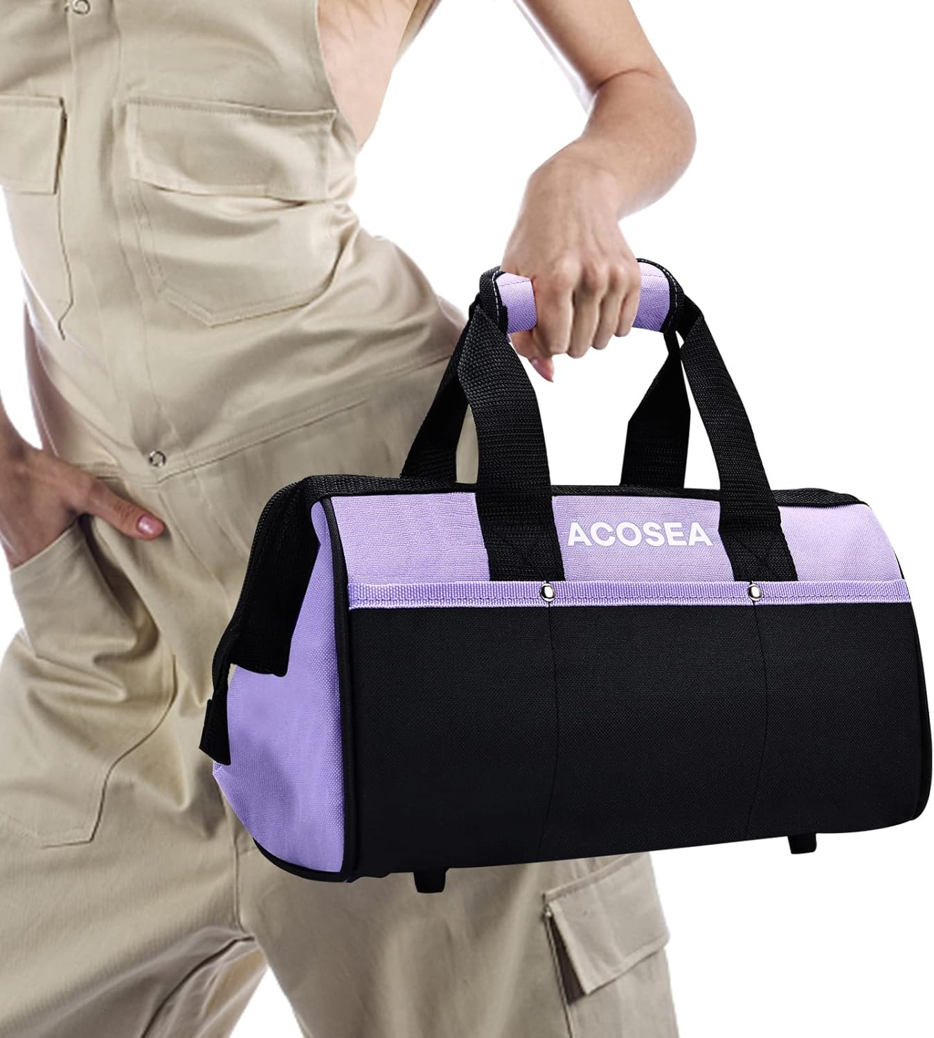 13 Inch Purple Tool Bag | Wide Mouth Open Tool Organizer with 12 Storage Pockets