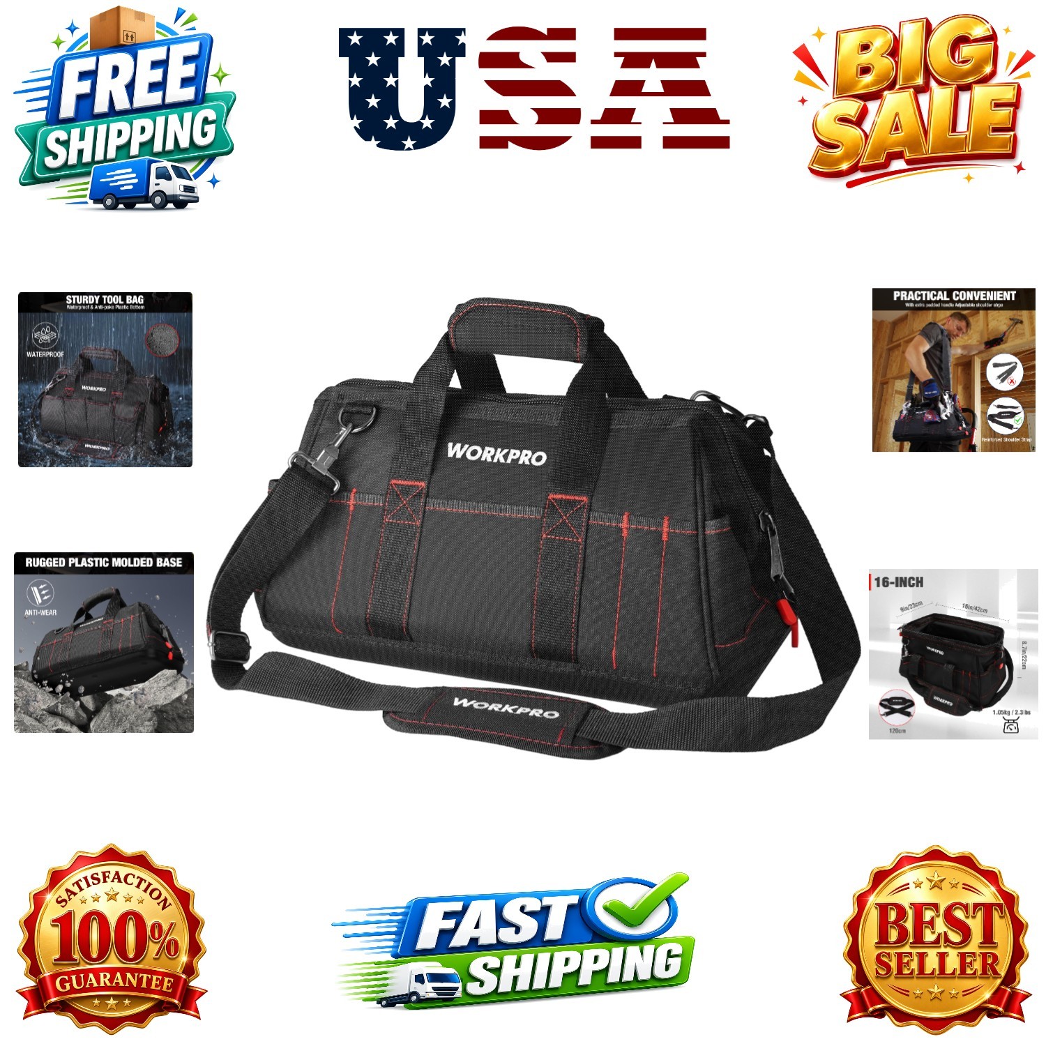 16-inch Close Top Wide Mouth Tool Storage Bag with Water Proof Rubber Base, W…