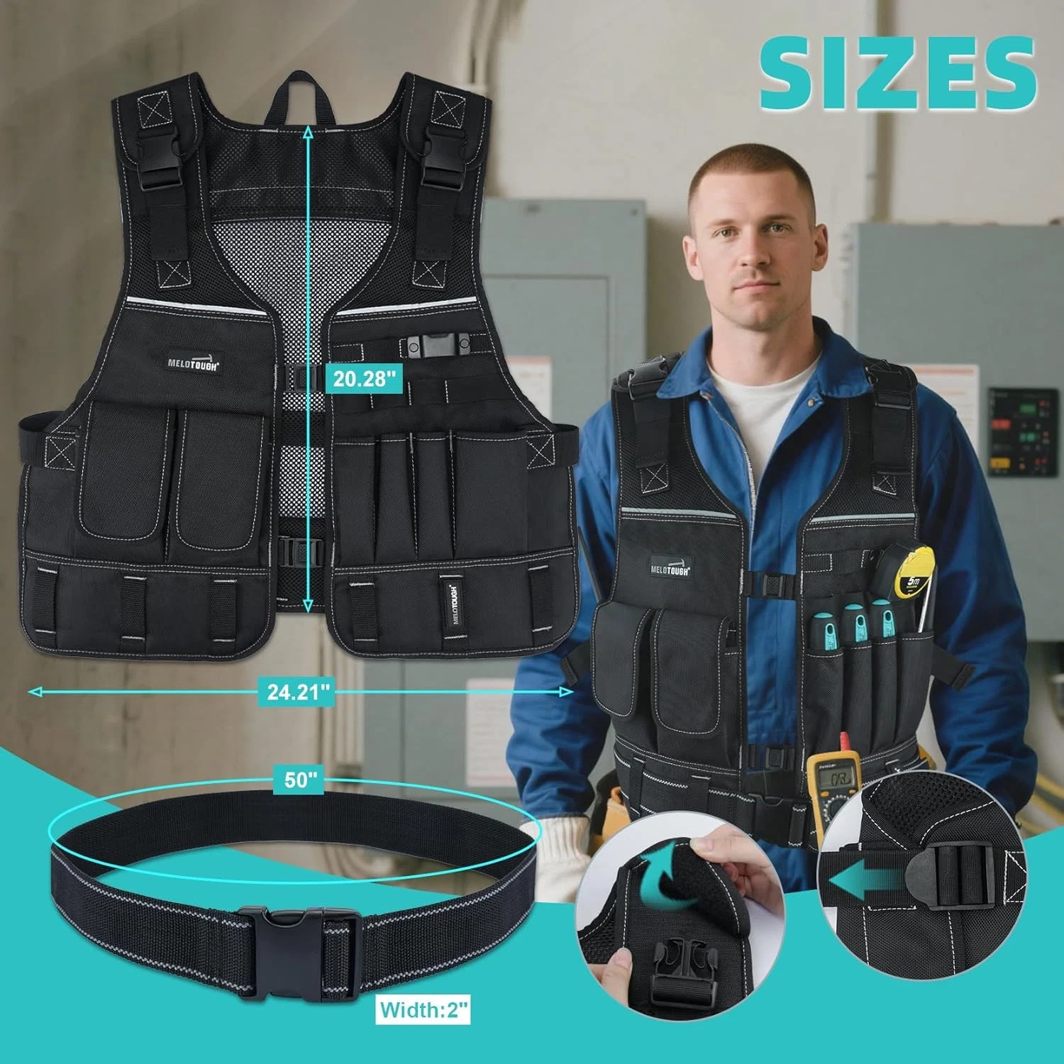 Tool Vest for Men with Pouches and Belt, Adjustable Multi-Pocket Safety Tool Ves
